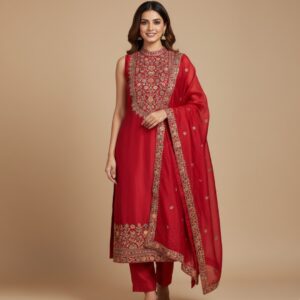 Red Embroidered Straight Suit Set for Women | Festive Sleeveless Kurta with Dupatta