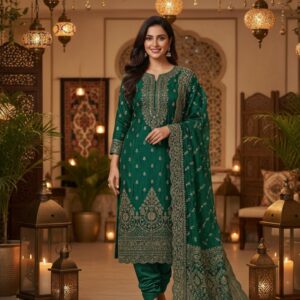 Emerald Green Straight Cut Salwar Suit for Women | Embroidered Zari Work Festive Outfit