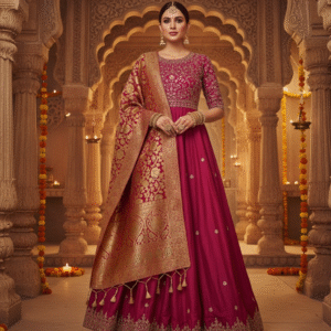 Magenta Silk Anarkali with Banarasi Dupatta | Luxury Indian Ethnic Wear for Weddings & Festive Occasions