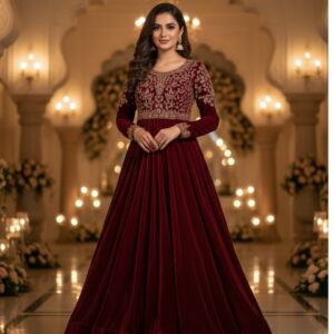 Maroon Velvet Anarkali Suit for Women – Heavy Embroidery, Wedding & Festive Wear